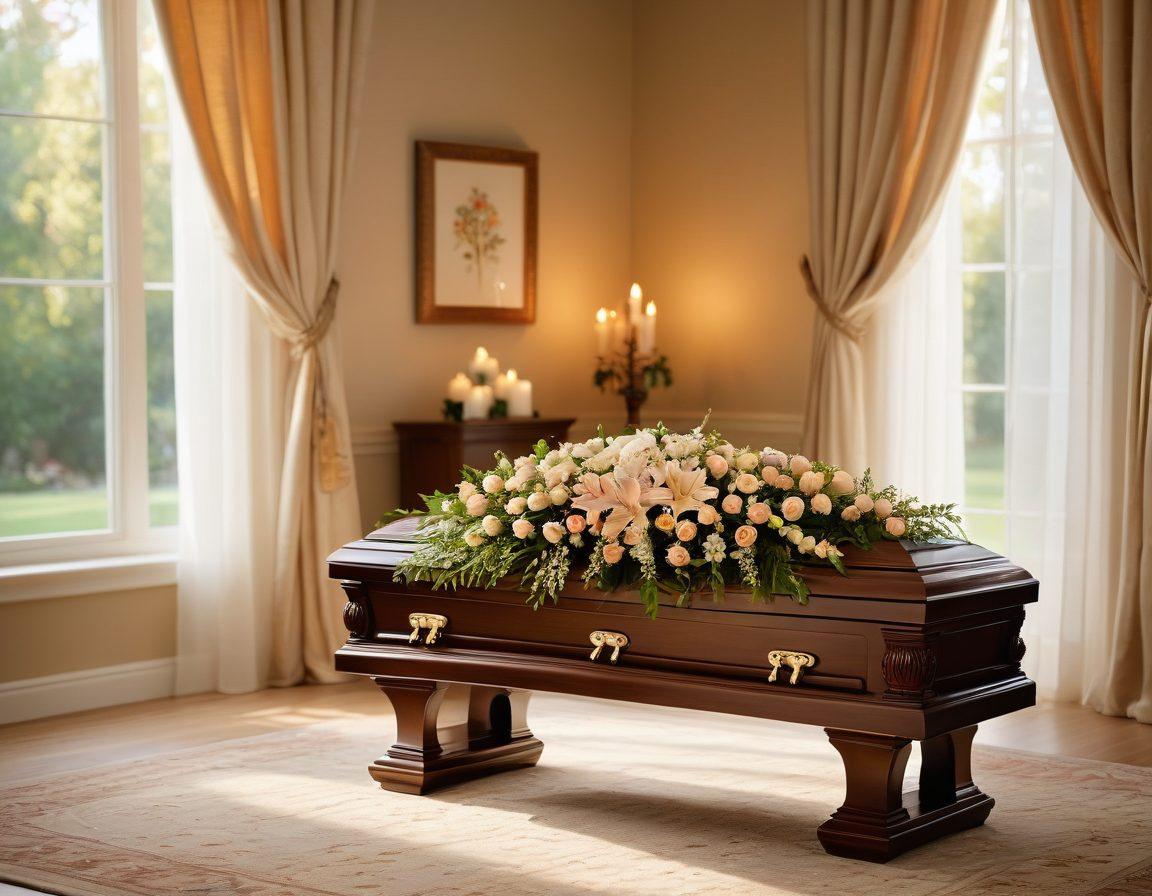 A serene, elegantly designed casket surrounded by soft, glowing candles and fresh flowers, symbolizing peace and remembrance. In the background, a warm and inviting counseling room with a plush armchair and comforting decor, conveying a sense of support and understanding in grief. Soft sunlight filters through a window, casting gentle shadows. harmonious colors, soft focus. super-realistic. warm tones. natural lighting.