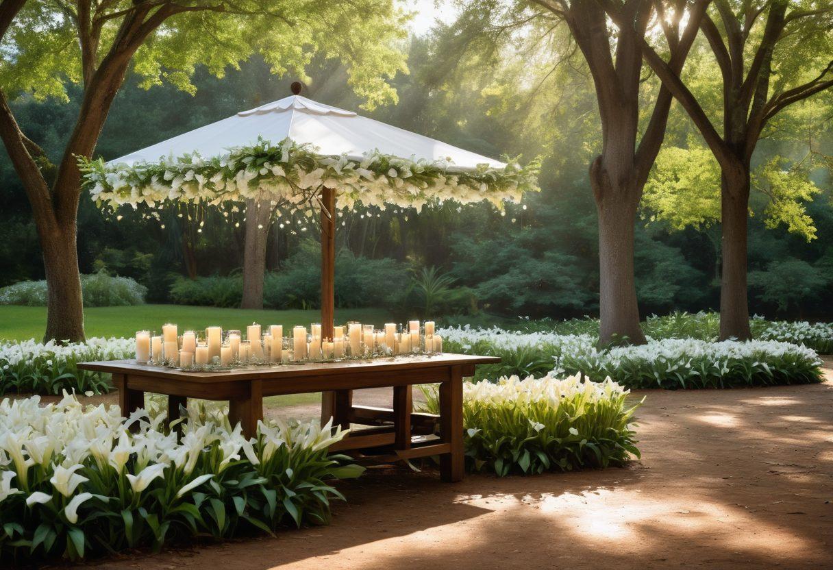 A serene scene depicting a beautifully organized memorial service, with soft sunlight filtering through trees. In the foreground, a delicate arrangement of white lilies and candles on a polished wooden table, symbolizing remembrance. People of diverse backgrounds are gathered, sharing heartfelt moments, reflecting a sense of unity and support. A gentle breeze rustles the leaves, evoking a peaceful ambiance. tranquil and contemplative. vibrant colors. 3D.